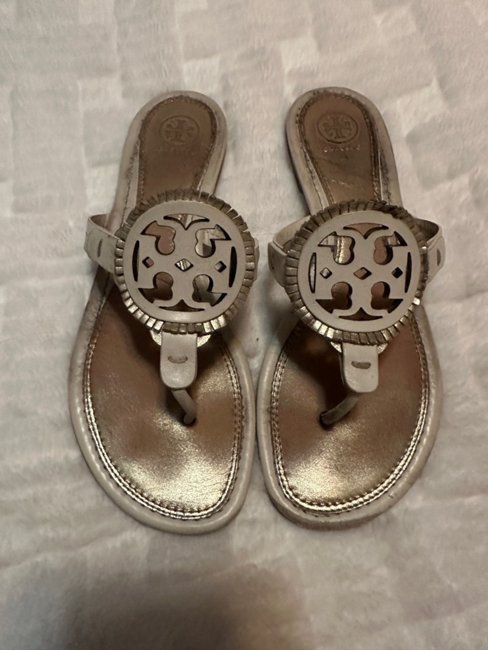 Tory Burch White Leather Logo Thong Sandals with Metallic Gold Insole